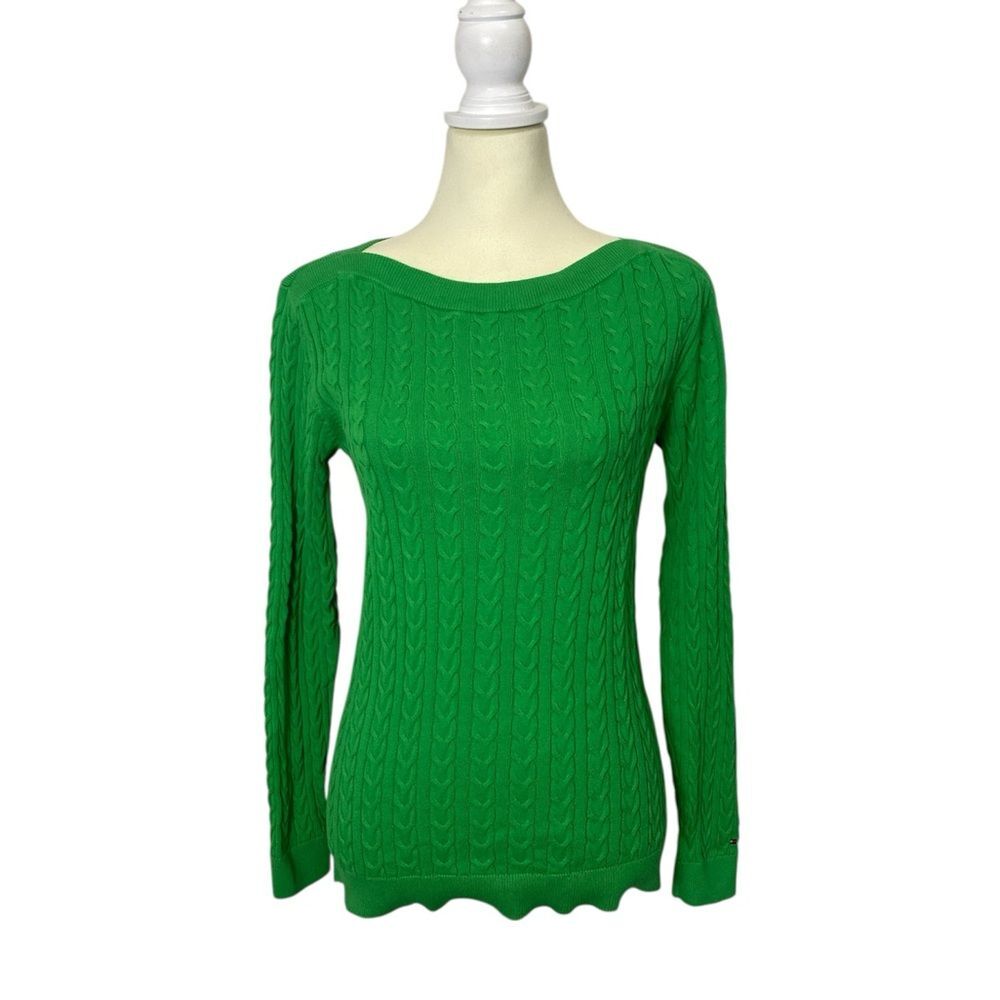 Retro Y2K 2000's Tommy Hilfiger Green Cotton Cable Knit Sweater XS